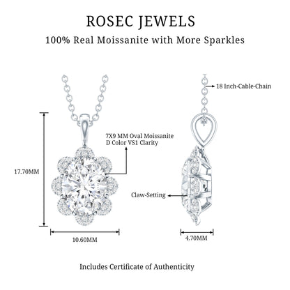 2 Carat Flower Inspired Moissanite Oval Necklace with Silver Chain
