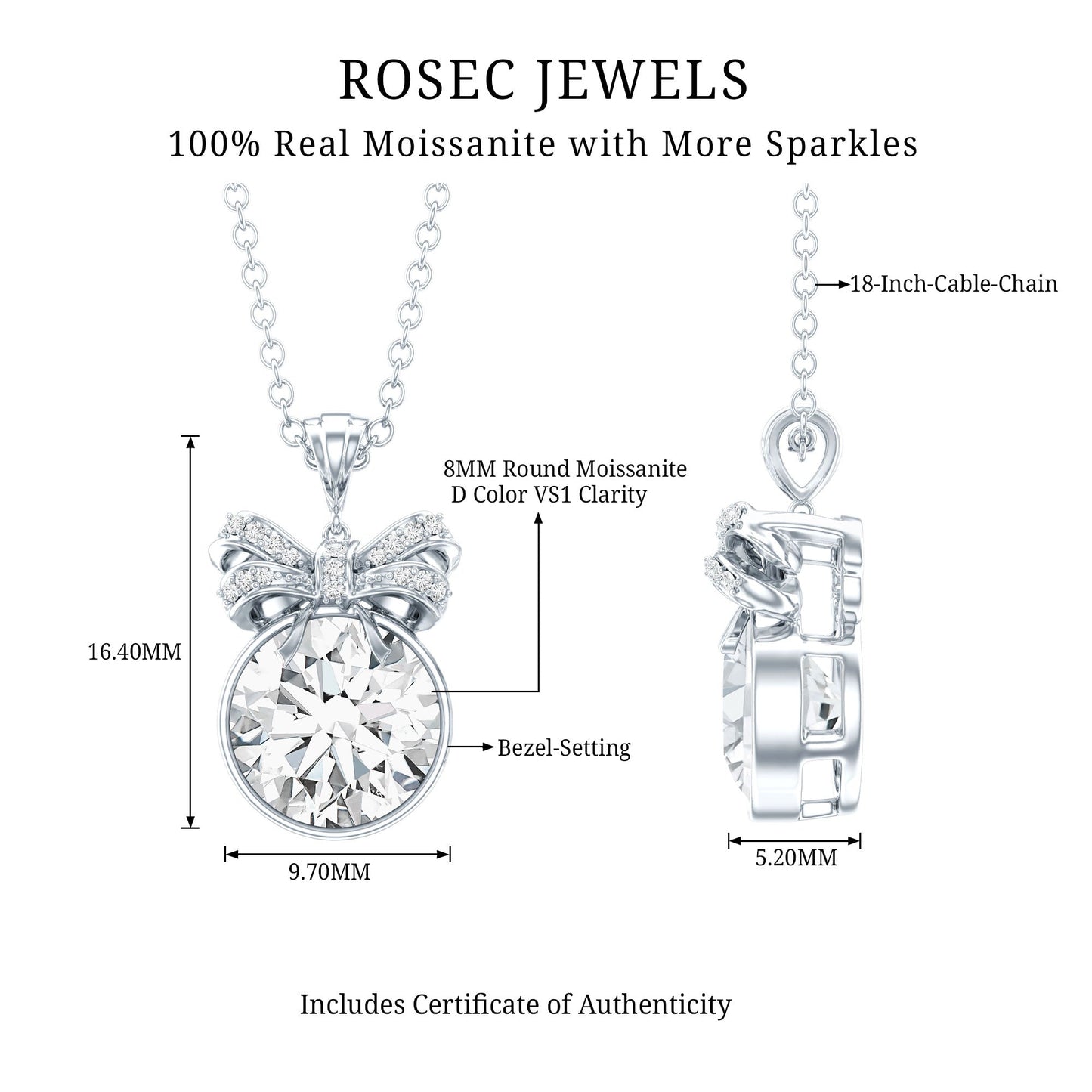 Bezel Set 2 Carat Moissanite Pendant with Bow