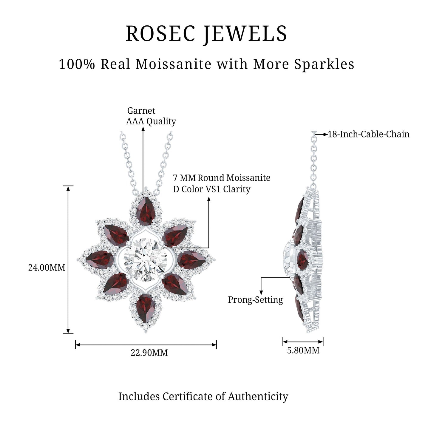 Certified Moissanite and Garnet Flower Pendant