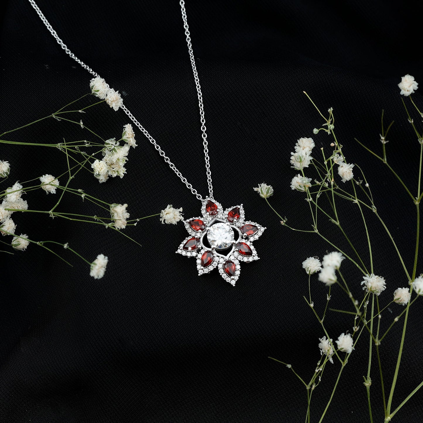 Certified Moissanite and Garnet Flower Pendant
