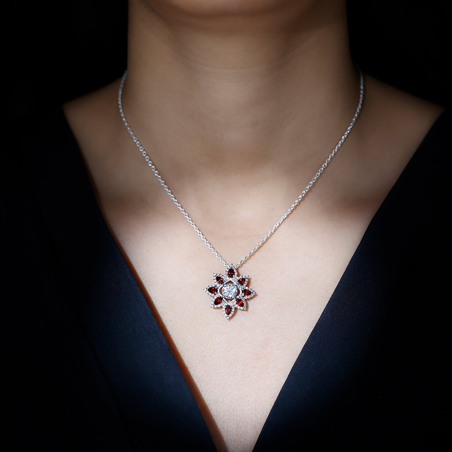 Certified Moissanite and Garnet Flower Pendant