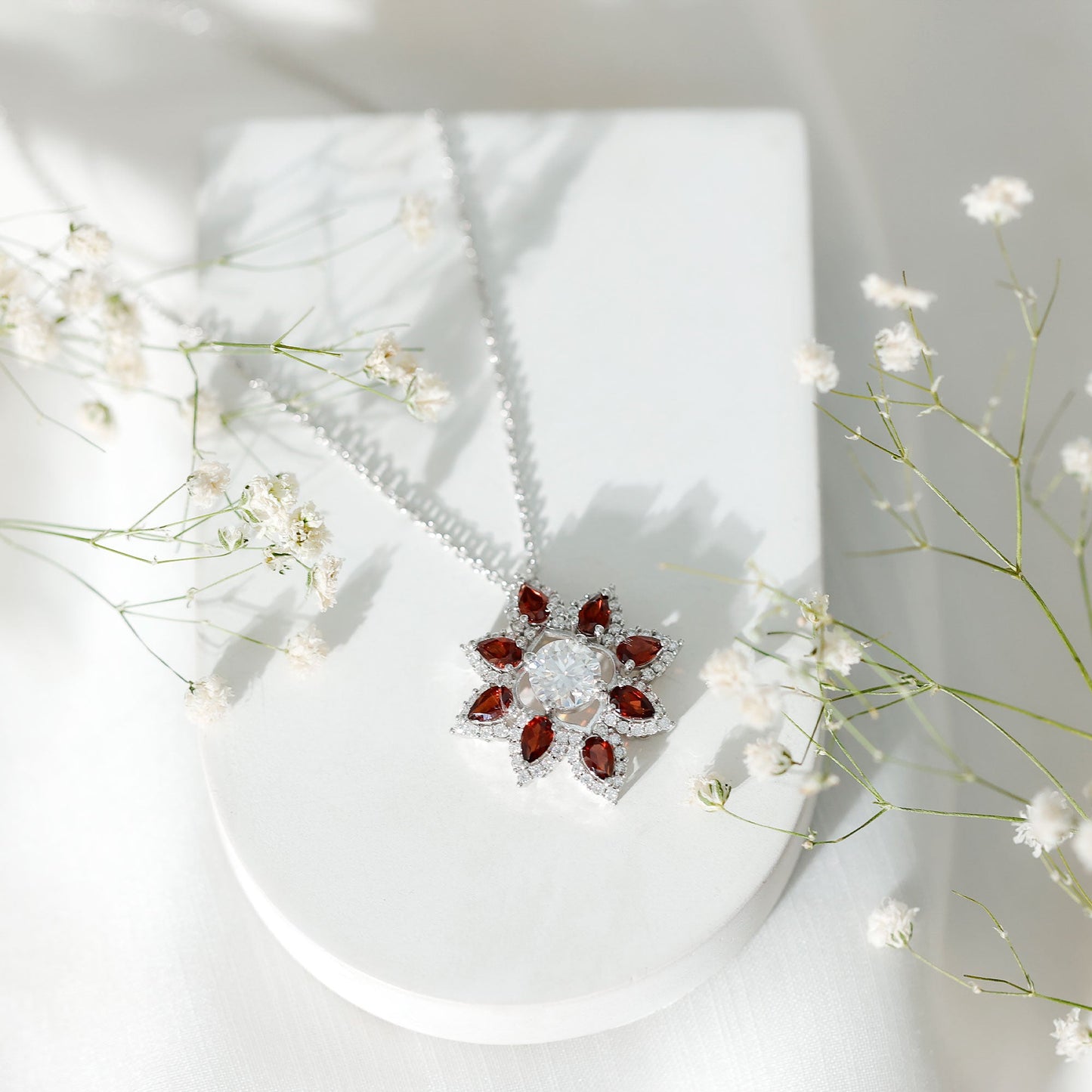 Certified 1.36 Carat Moissanite Statement Flower Necklace with Garnet