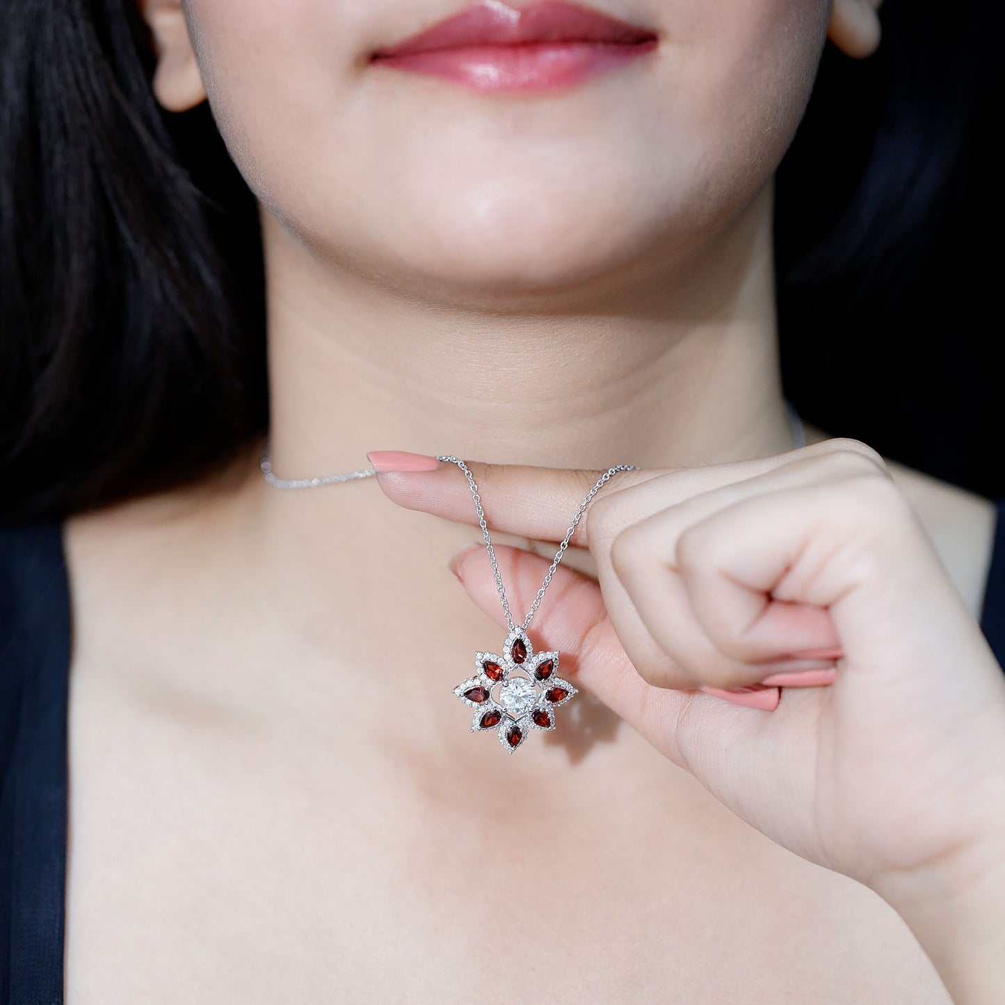 Certified 1.36 Carat Moissanite Statement Flower Necklace with Garnet