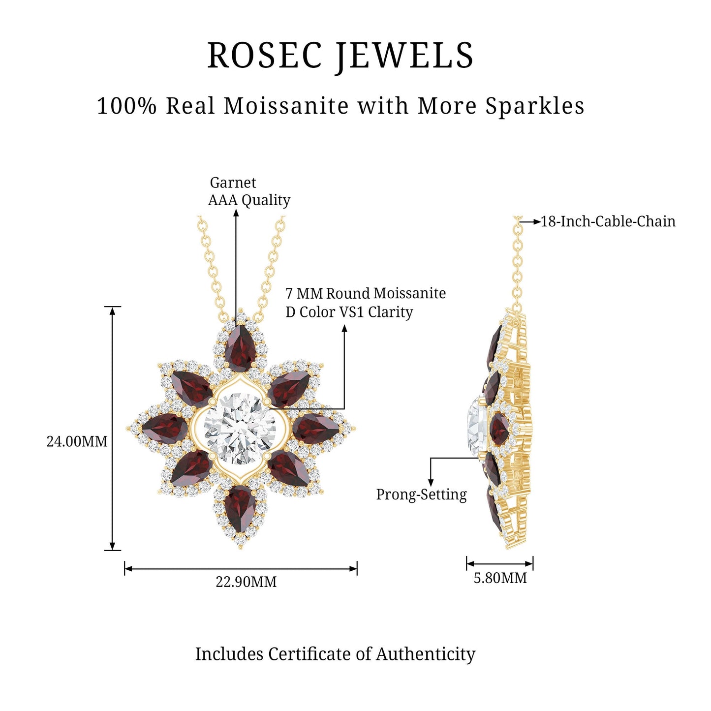 Certified Moissanite and Garnet Flower Pendant
