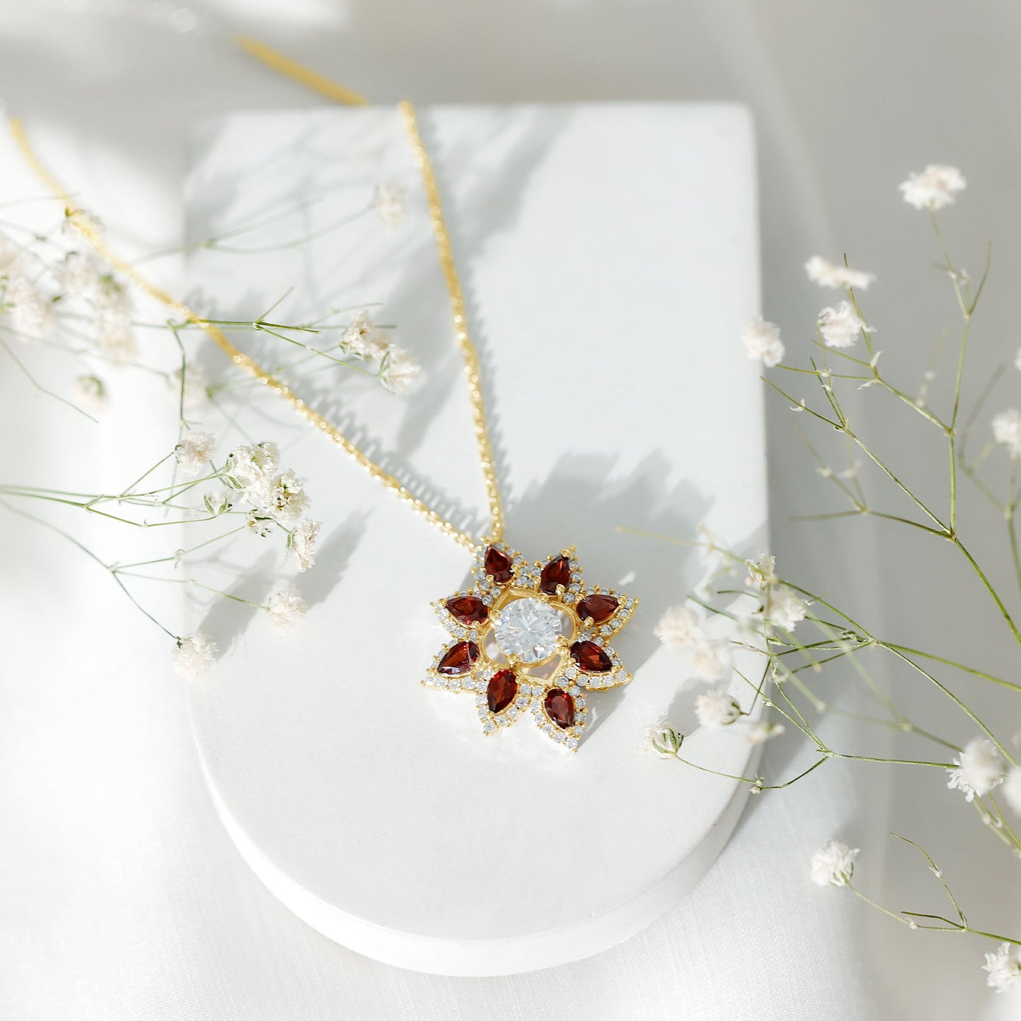 Certified Moissanite and Garnet Flower Pendant