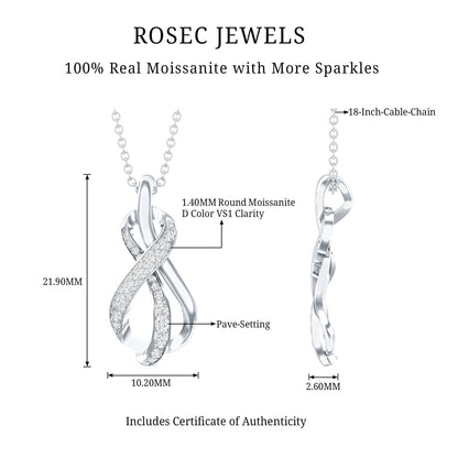 Pave Set Moissanite Infinity Knot Necklace with Silver Chain
