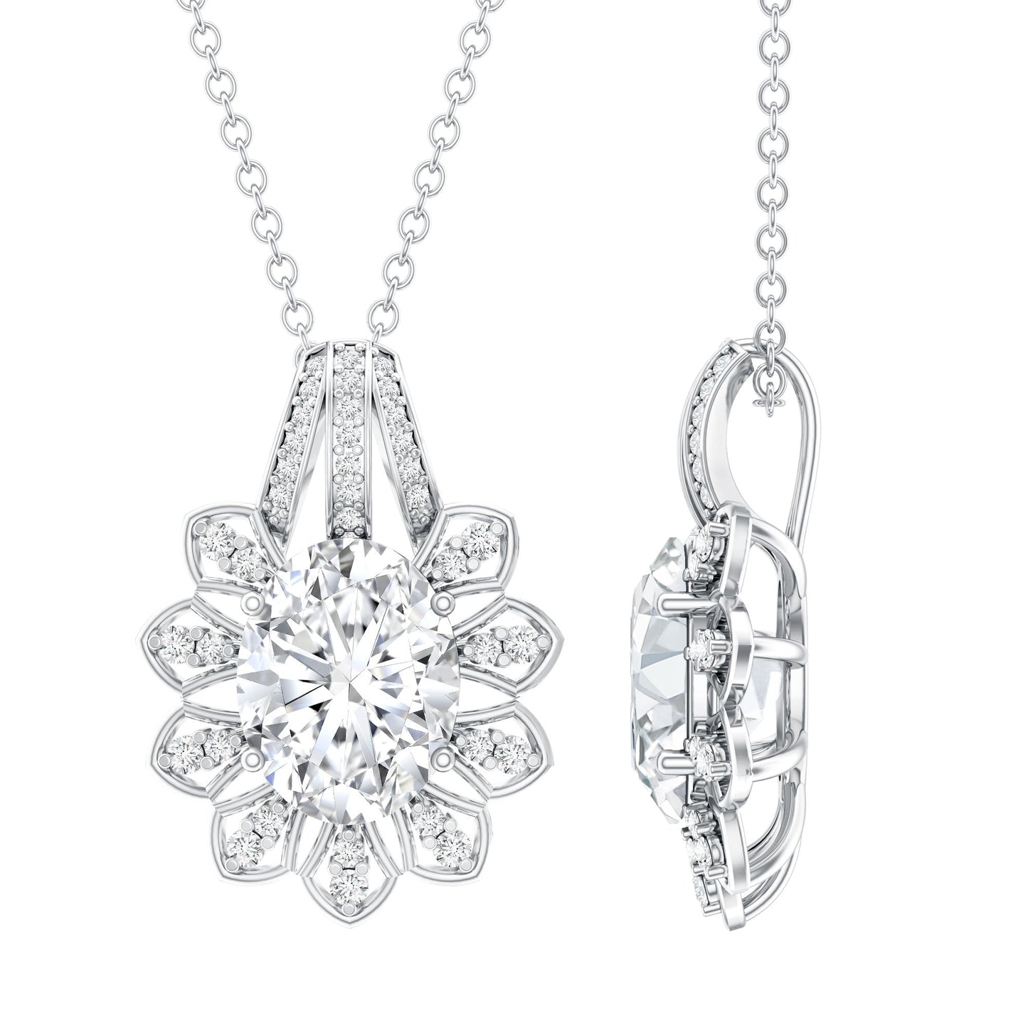 Certified 2 Carat Oval Moissanite Vintage Necklace with Silver Chain