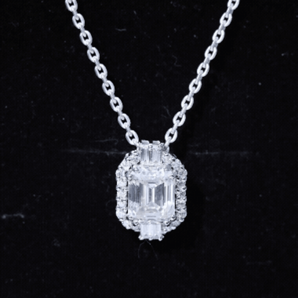 Vintage Inspired 2.8 Carat Emerald Cut Moissanite Halo Necklace