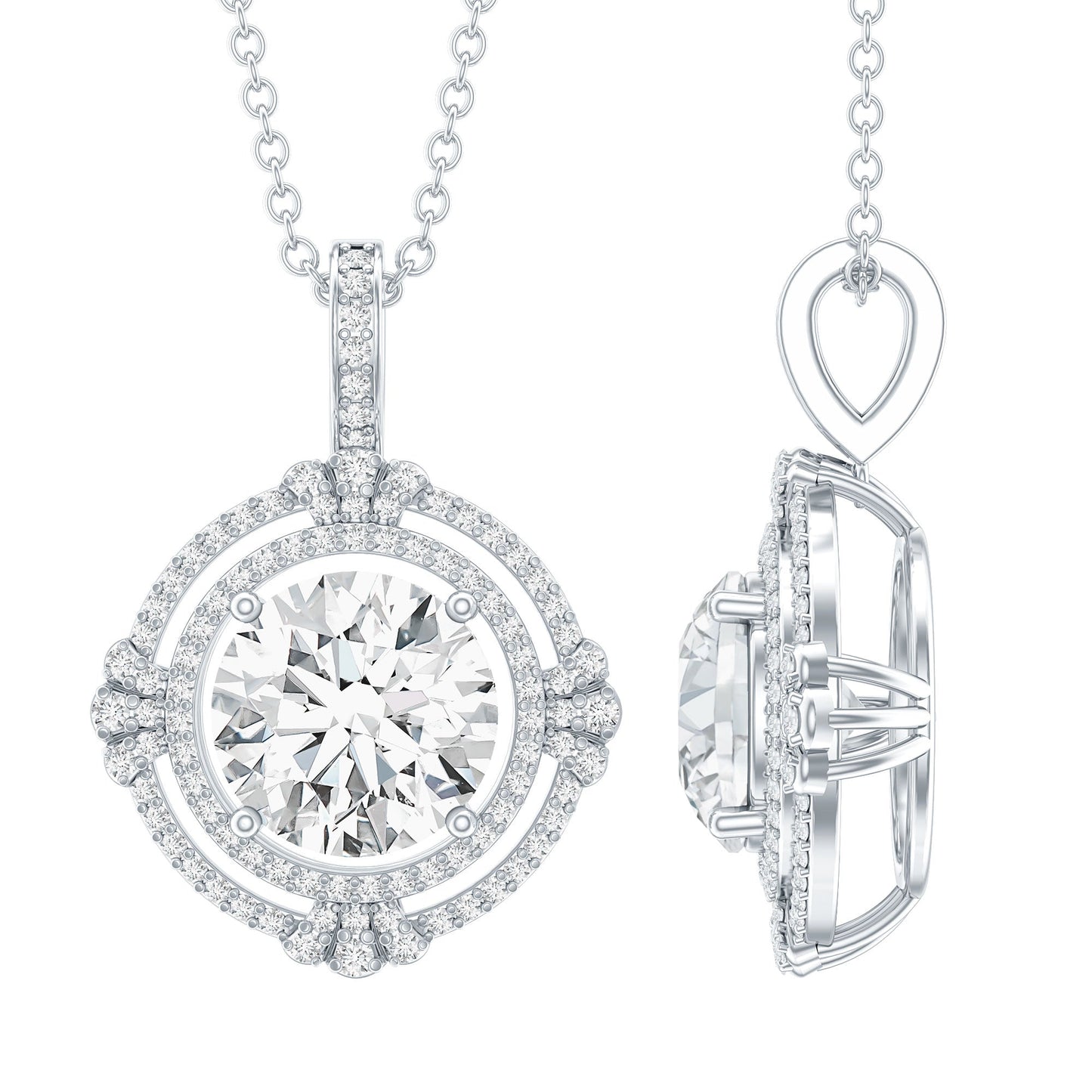 Certified 2 Carat Moissanite Double Halo Necklace with Silver Chain