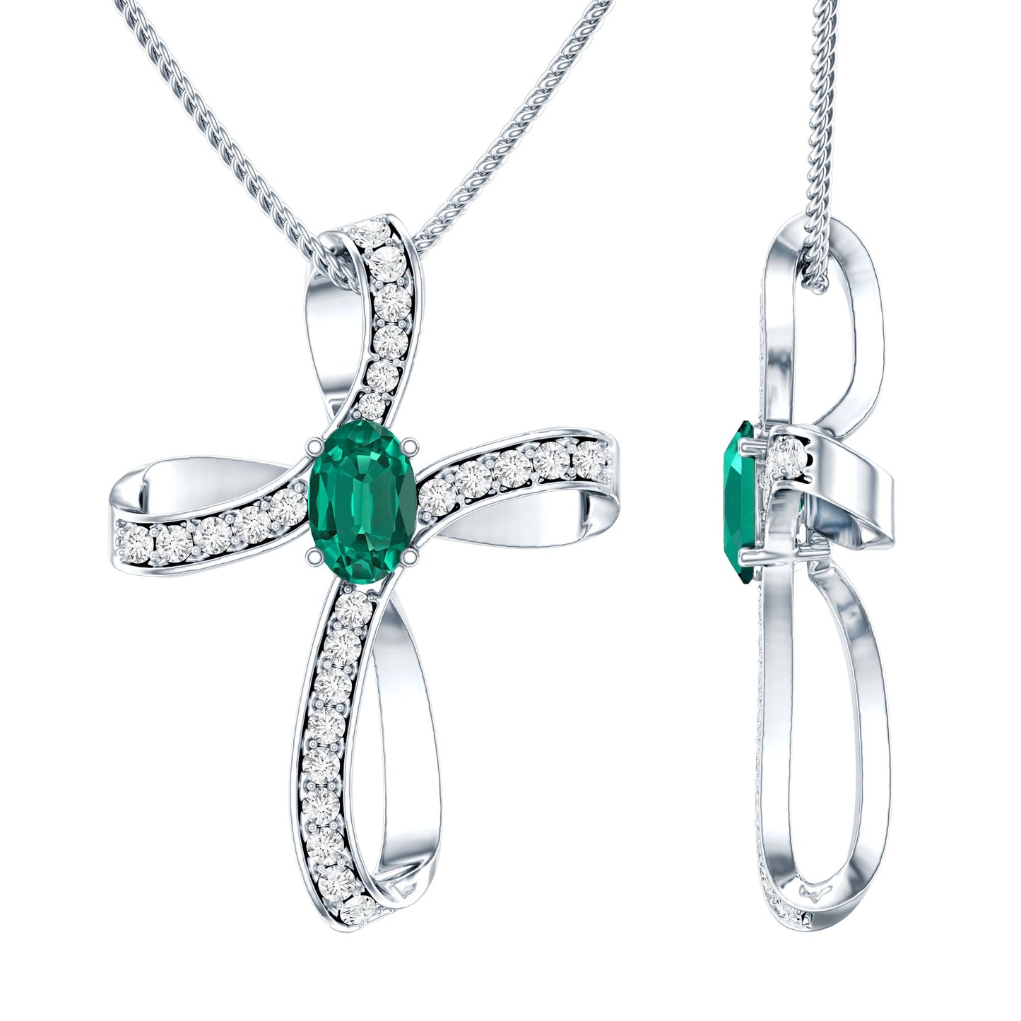 Certified Lab Grown Emerald Christian Cross Necklace With Silver Chain
