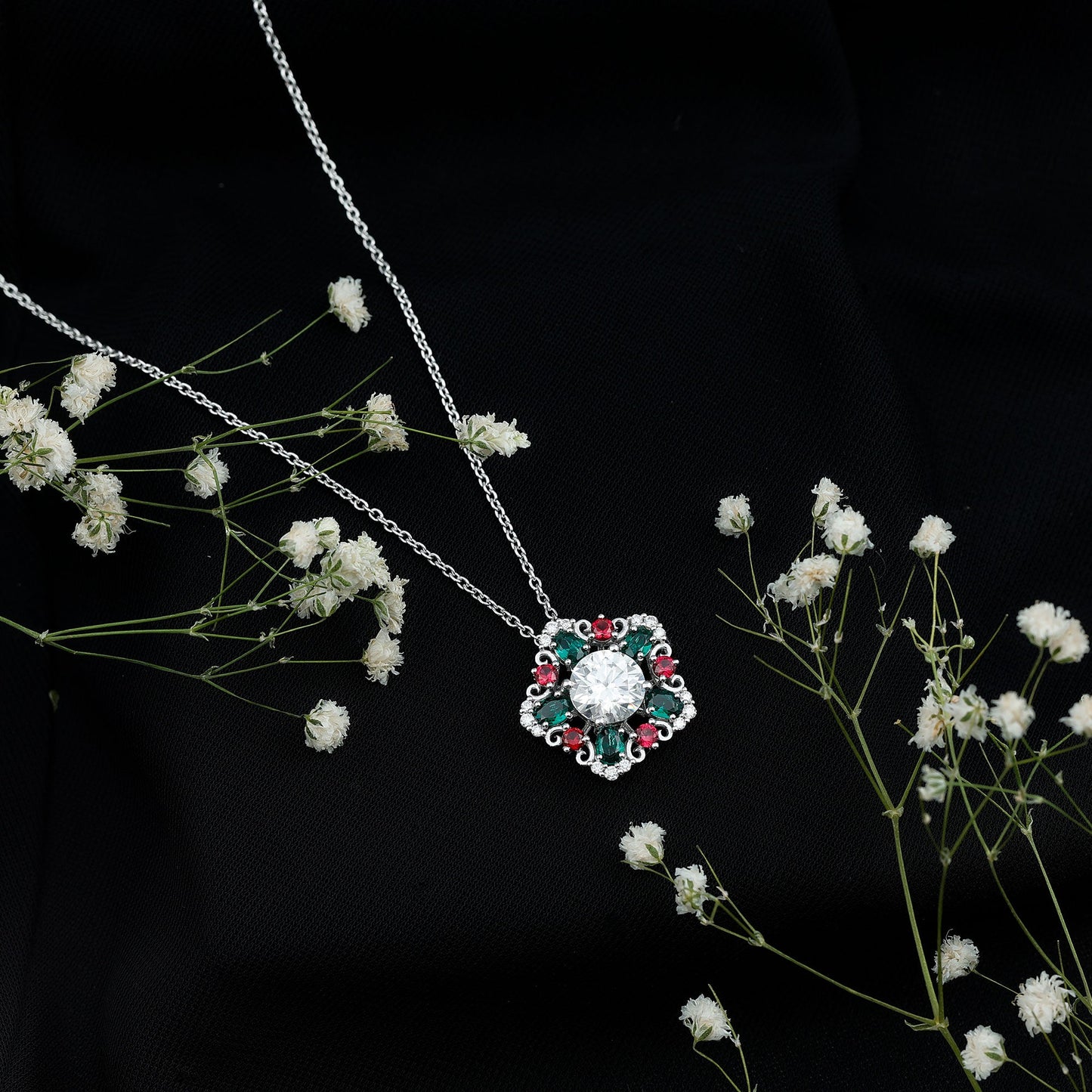 Certified 2 Carat Moissanite Statement Necklace with Lab Ruby and Emerald