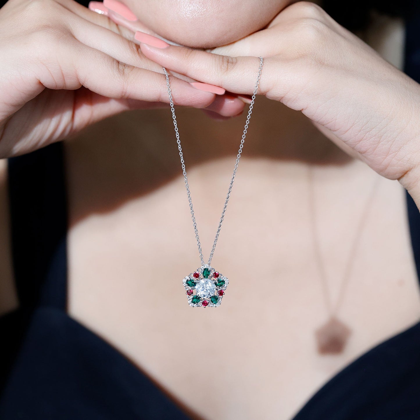 Certified 2 Carat Moissanite Statement Necklace with Lab Ruby and Emerald
