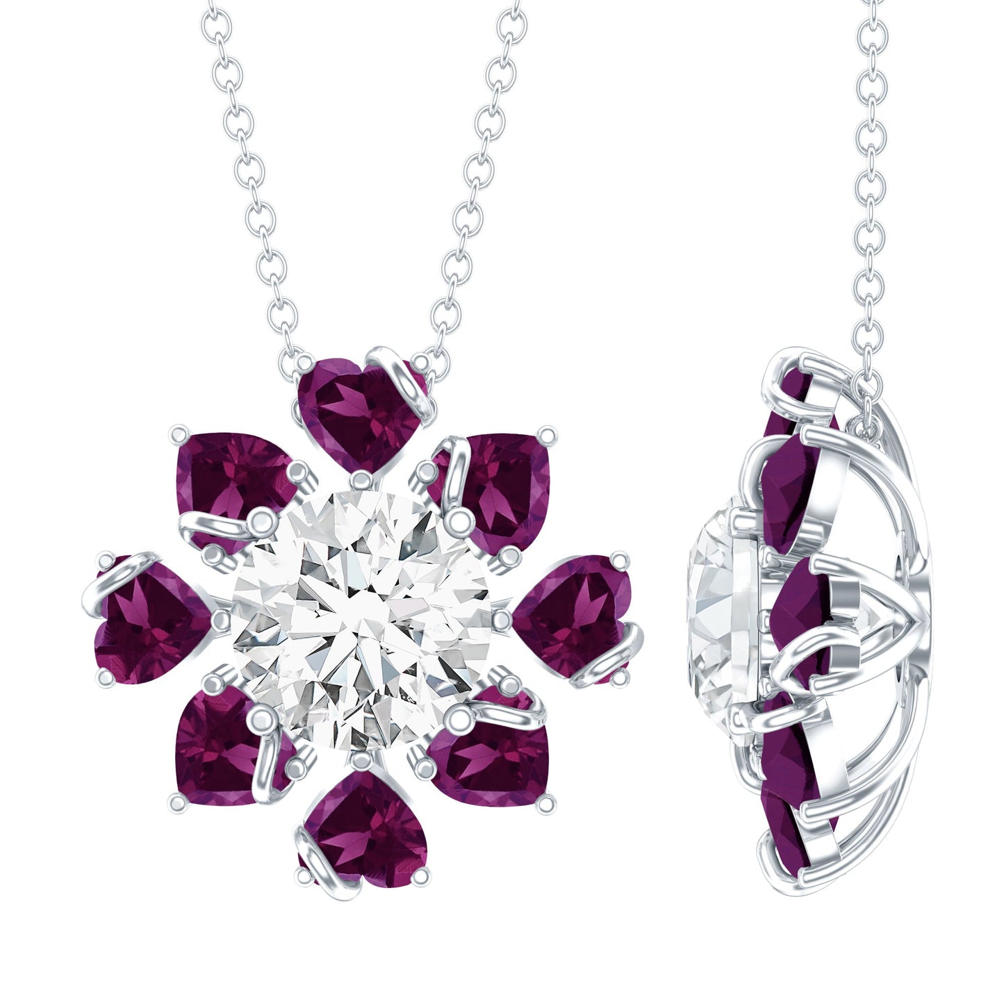 2 Carat Moissanite Designer Necklace with Rhodolite