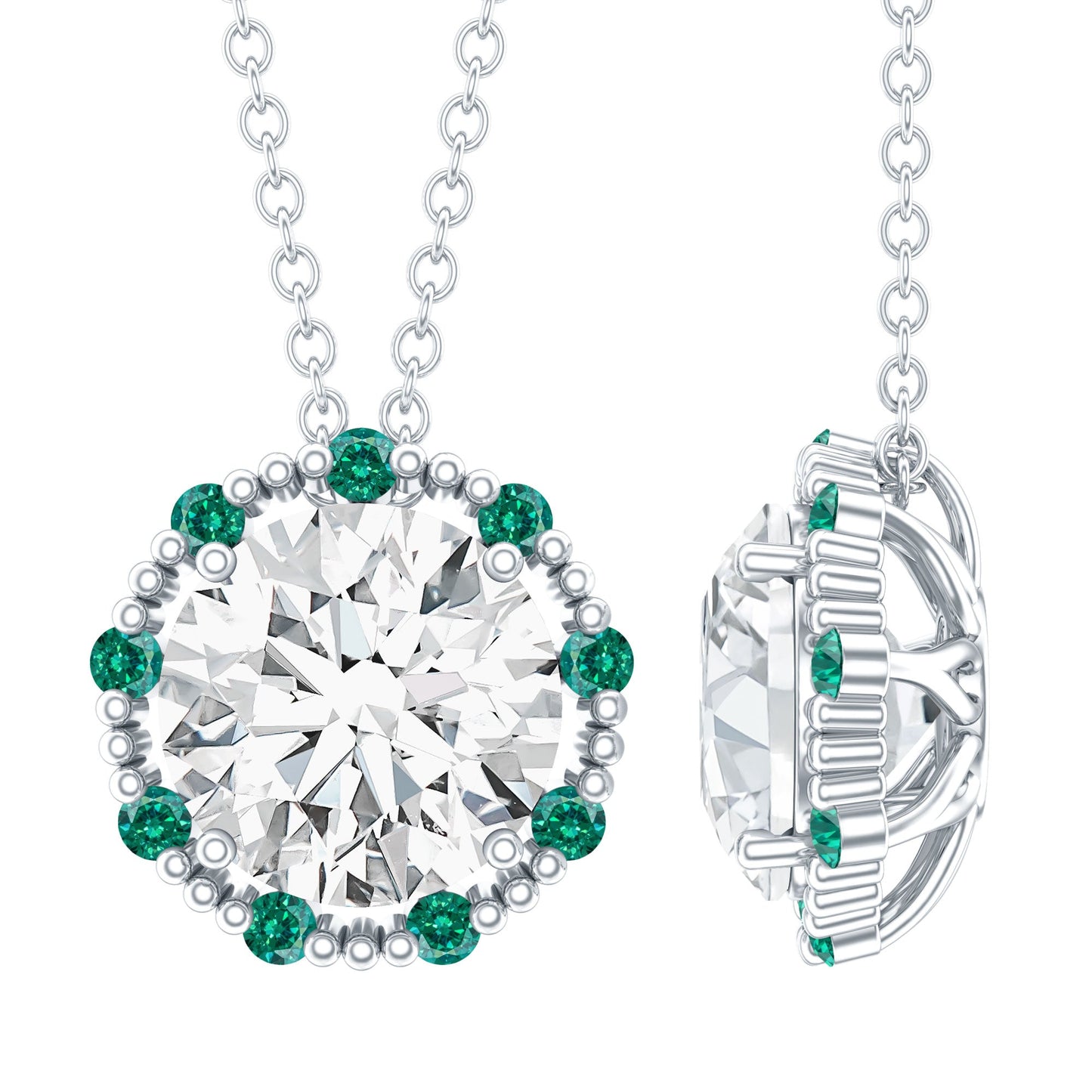 Vintage Style 2 CT Moissanite Solitaire Pendant with Lab Emerald