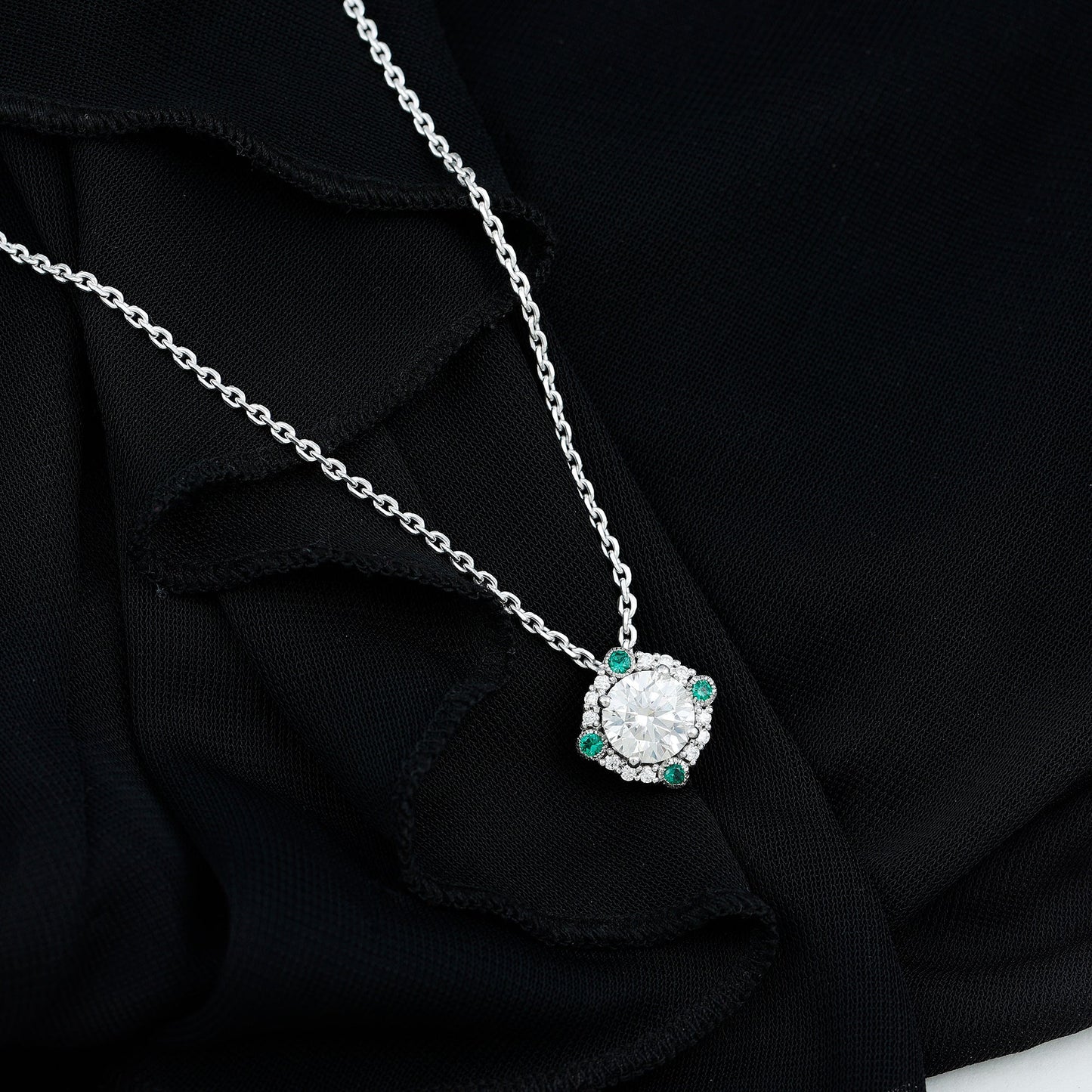 2 Carat Moissanite Vintage Inspired Necklace with Lab Emerald