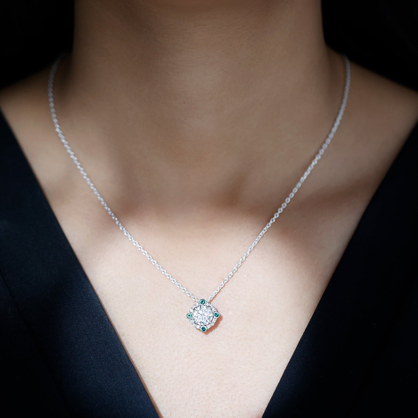 2 Carat Moissanite Vintage Inspired Necklace with Lab Emerald