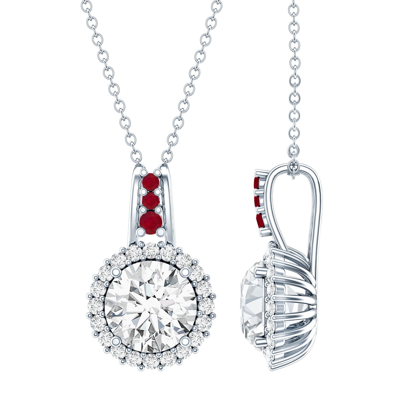 Sterling Silver 2 Carat Moissanite Halo Pendant Necklace with Ruby