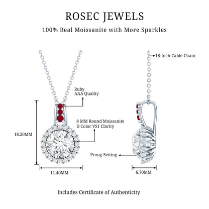 Sterling Silver 2 Carat Moissanite Halo Pendant Necklace with Ruby