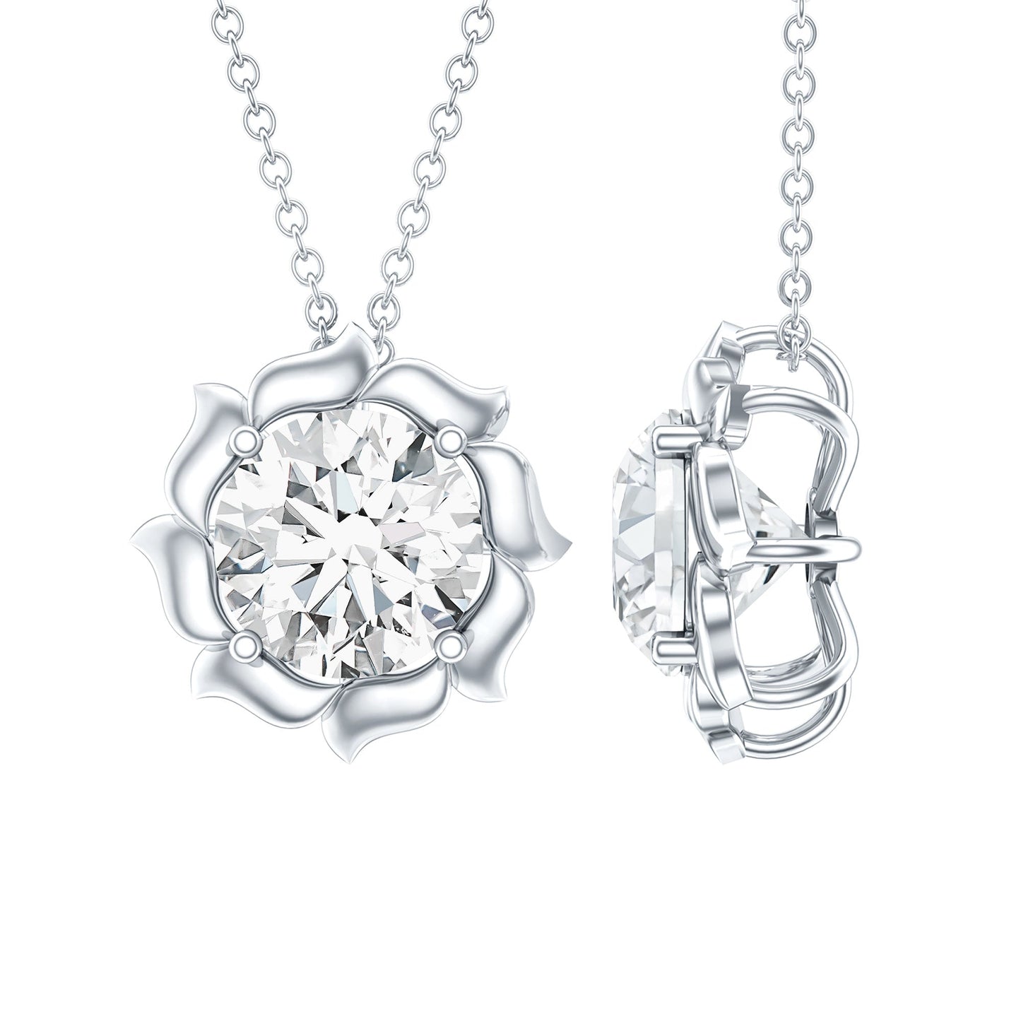 2 Carat Solitaire Moissanite Flower Pendant with Silver Chain