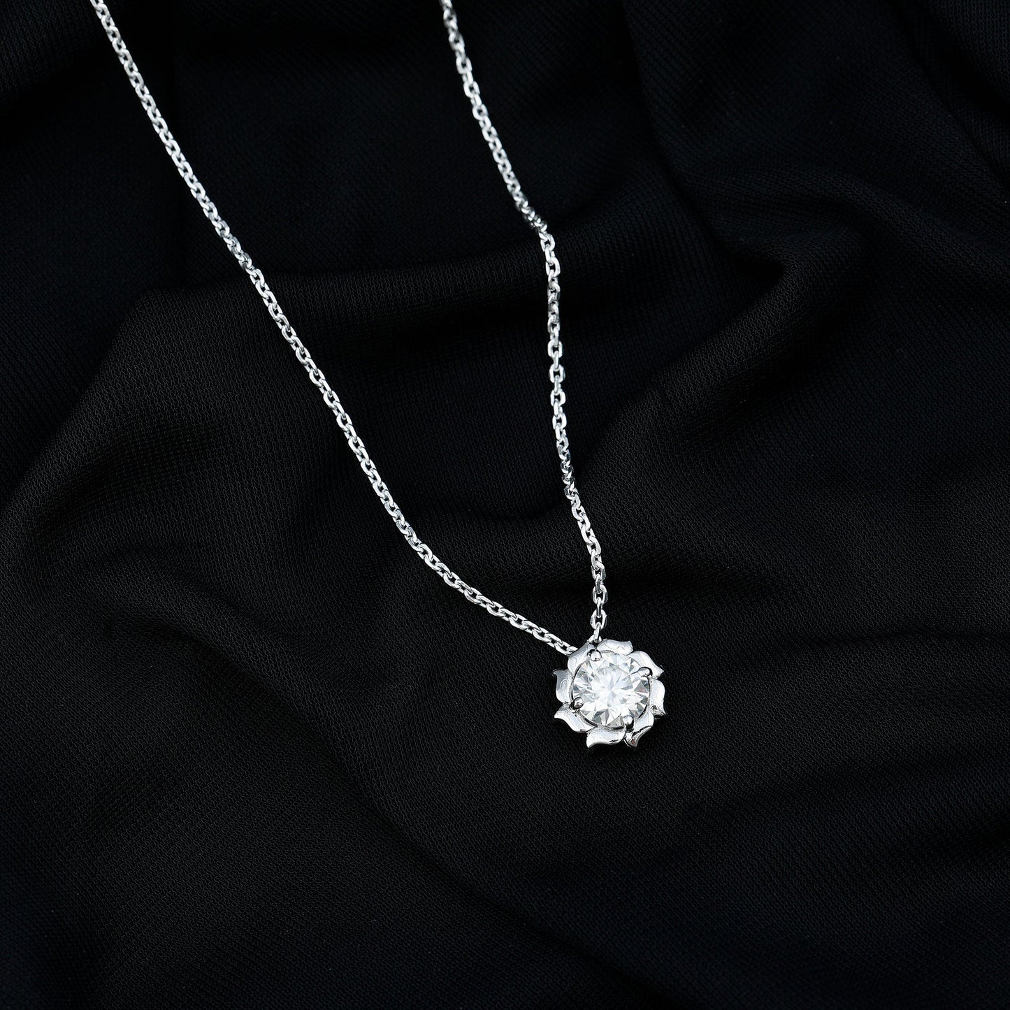 2 Carat Solitaire Moissanite Flower Pendant with Silver Chain