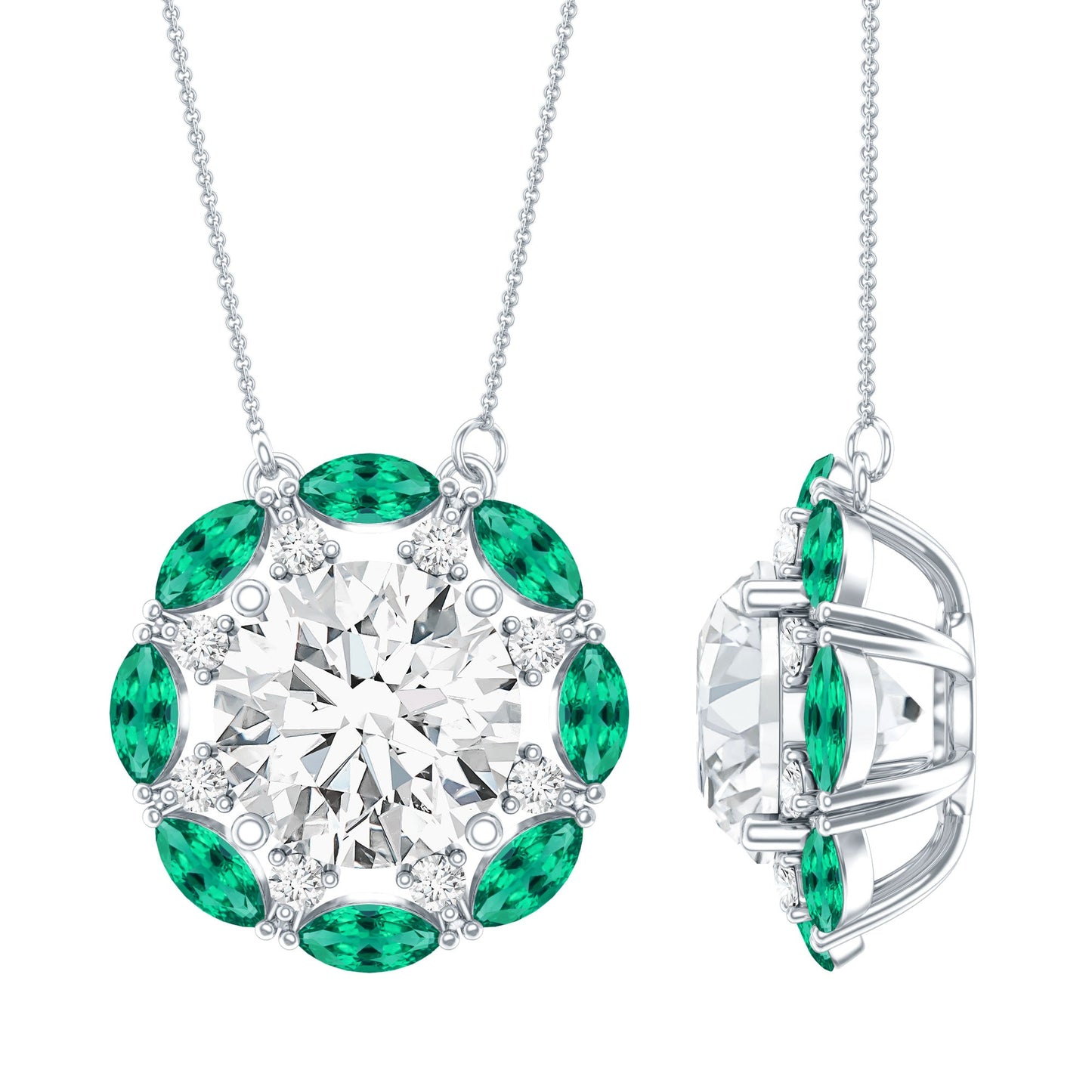 2 Carat Moissanite Statement Halo Necklace with Lab Grown Emerald