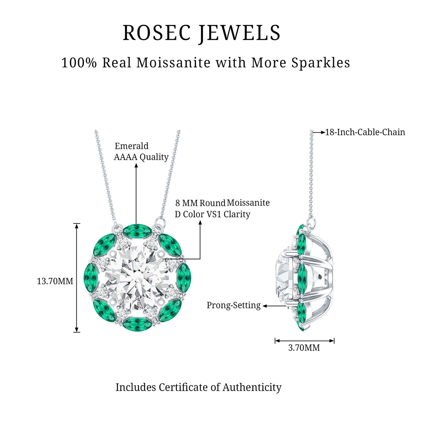 2 Carat Moissanite Statement Halo Necklace with Lab Grown Emerald