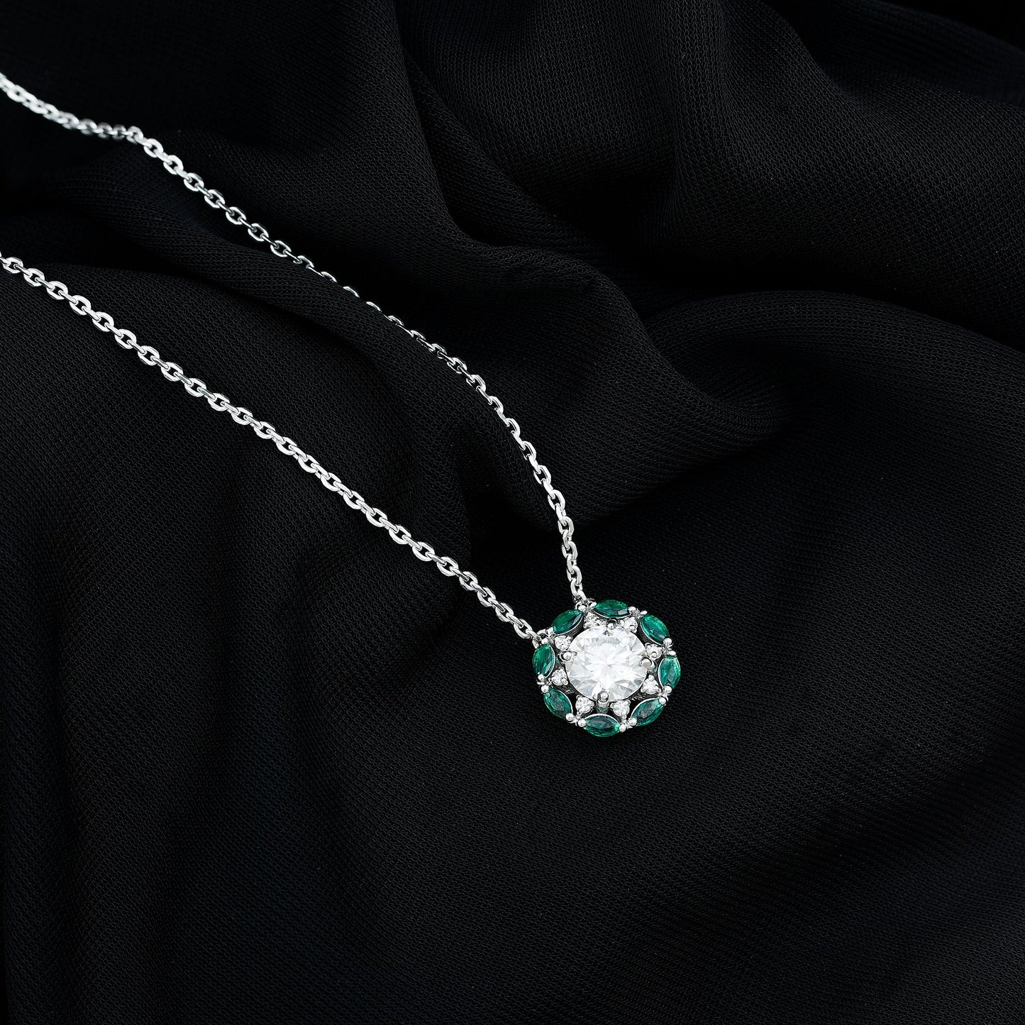 2 Carat Moissanite Statement Halo Necklace with Lab Grown Emerald