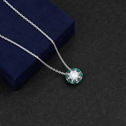 2 Carat Moissanite Statement Halo Necklace with Lab Grown Emerald