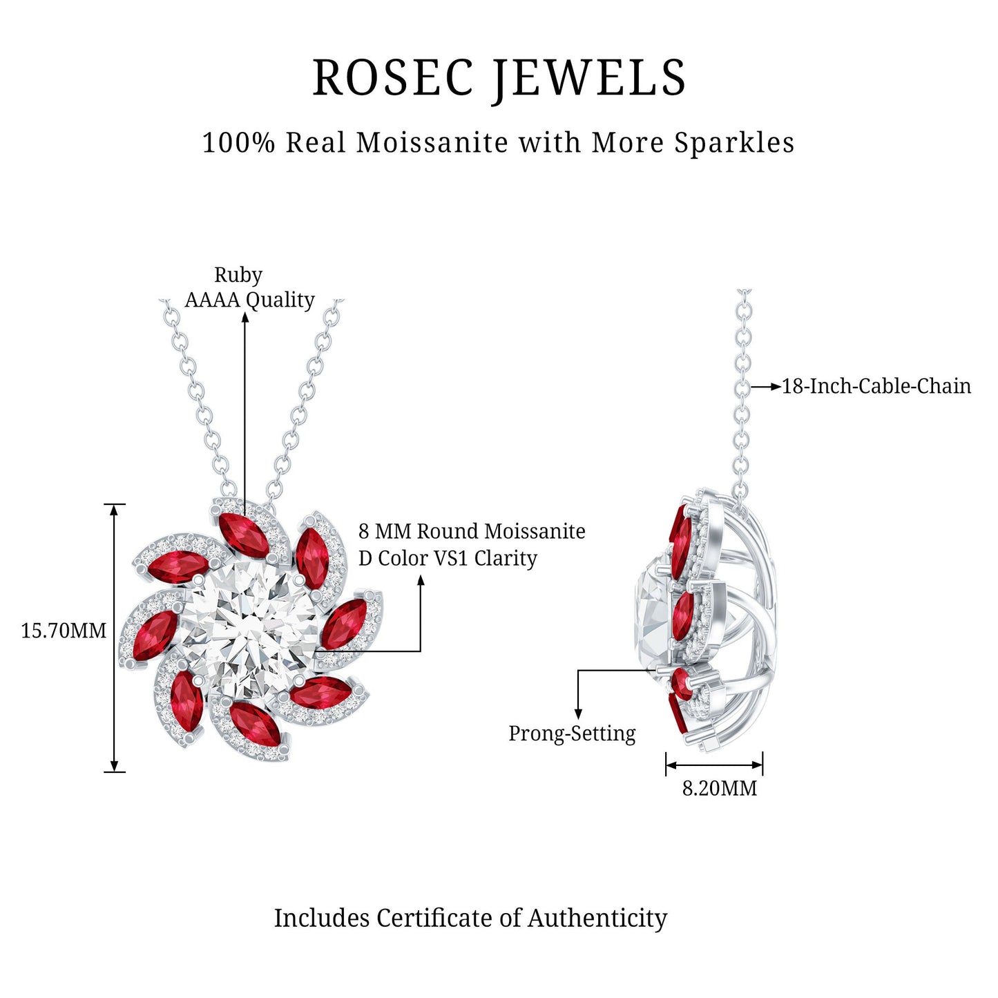 2 Carat Moissanite and Lab Ruby Flower Pendant Necklace