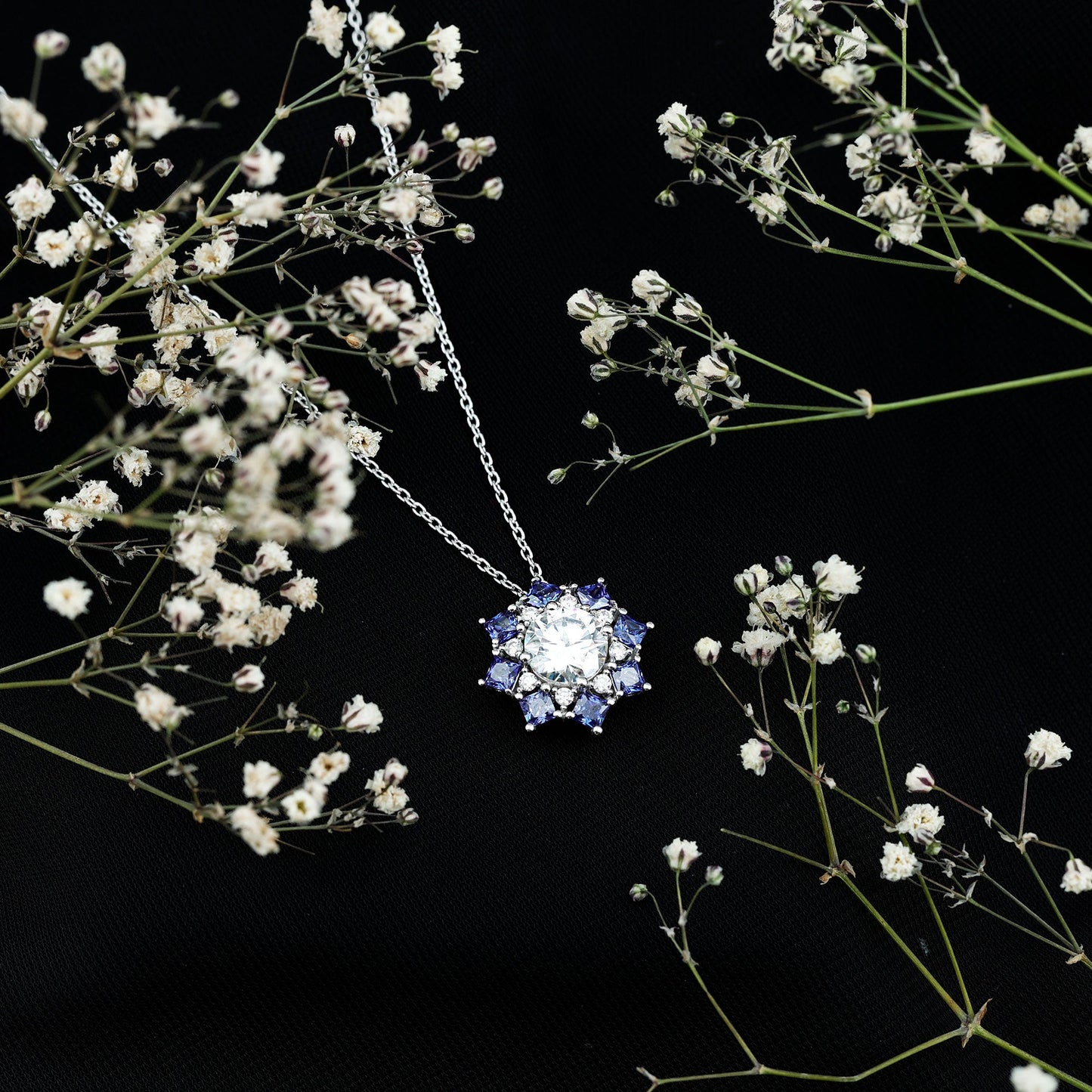 Certified 2 Carat Moissanite and Sapphire Designer Necklace with Silver Chain
