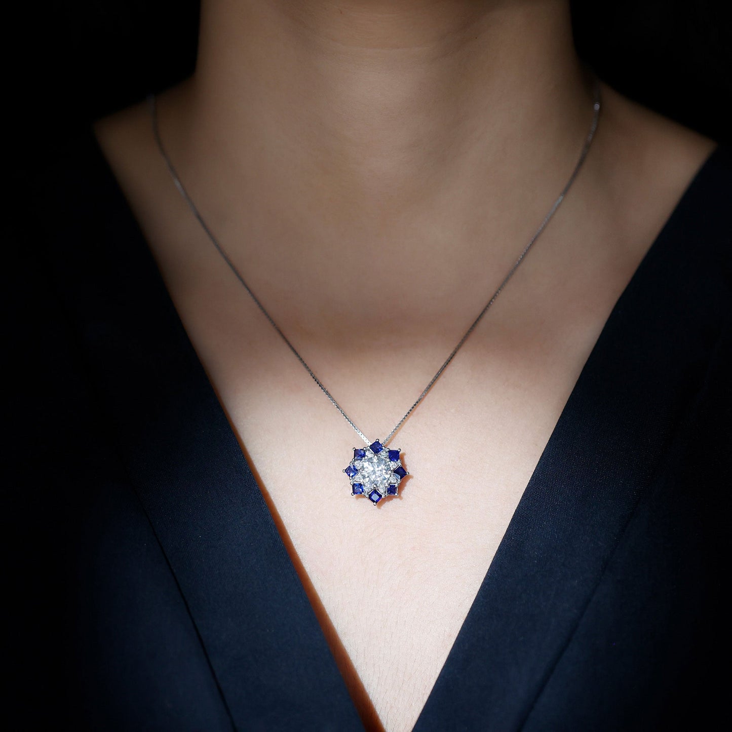 Certified 2 Carat Moissanite and Sapphire Designer Necklace with Silver Chain