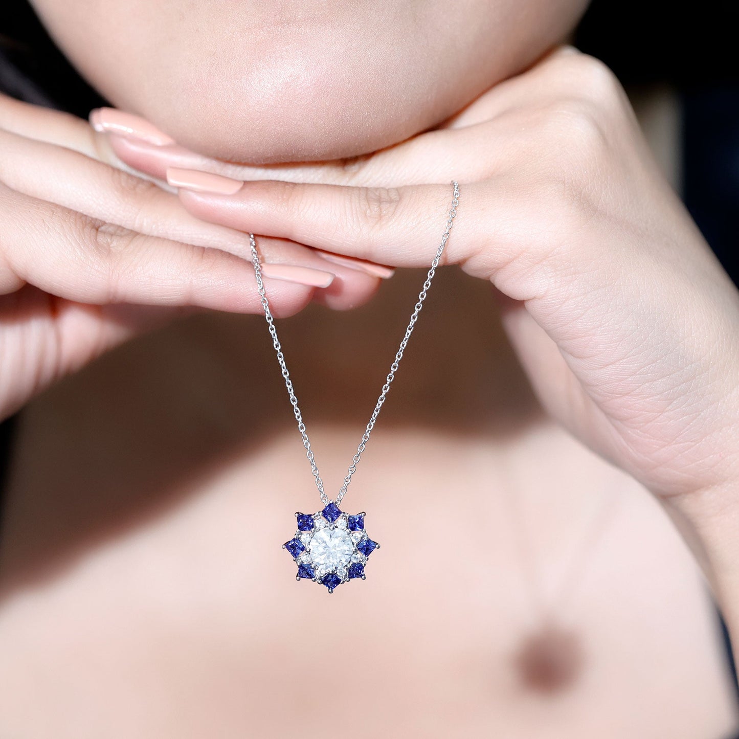 Certified 2 Carat Moissanite and Sapphire Designer Necklace with Silver Chain
