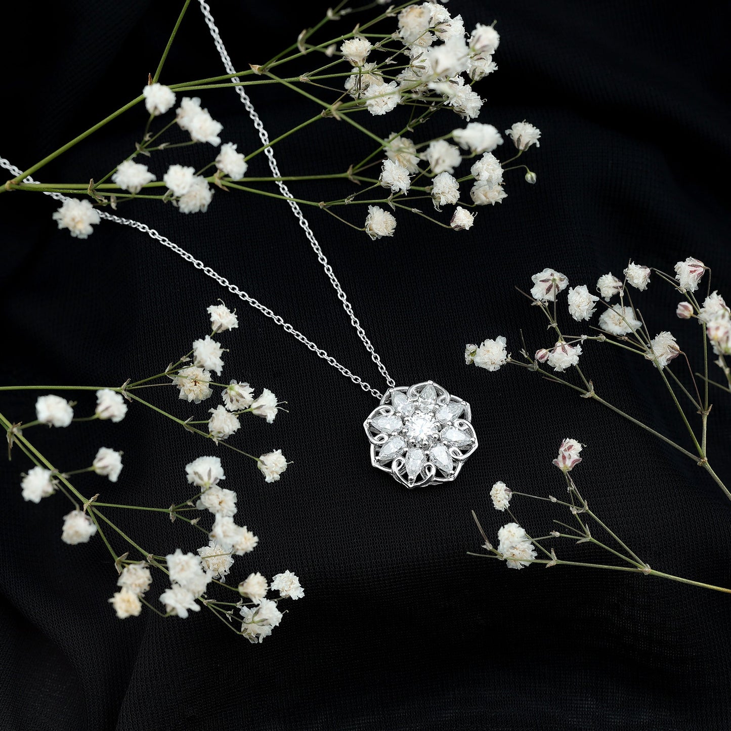 Certified Moissanite Flower Pendant Necklace with Chain