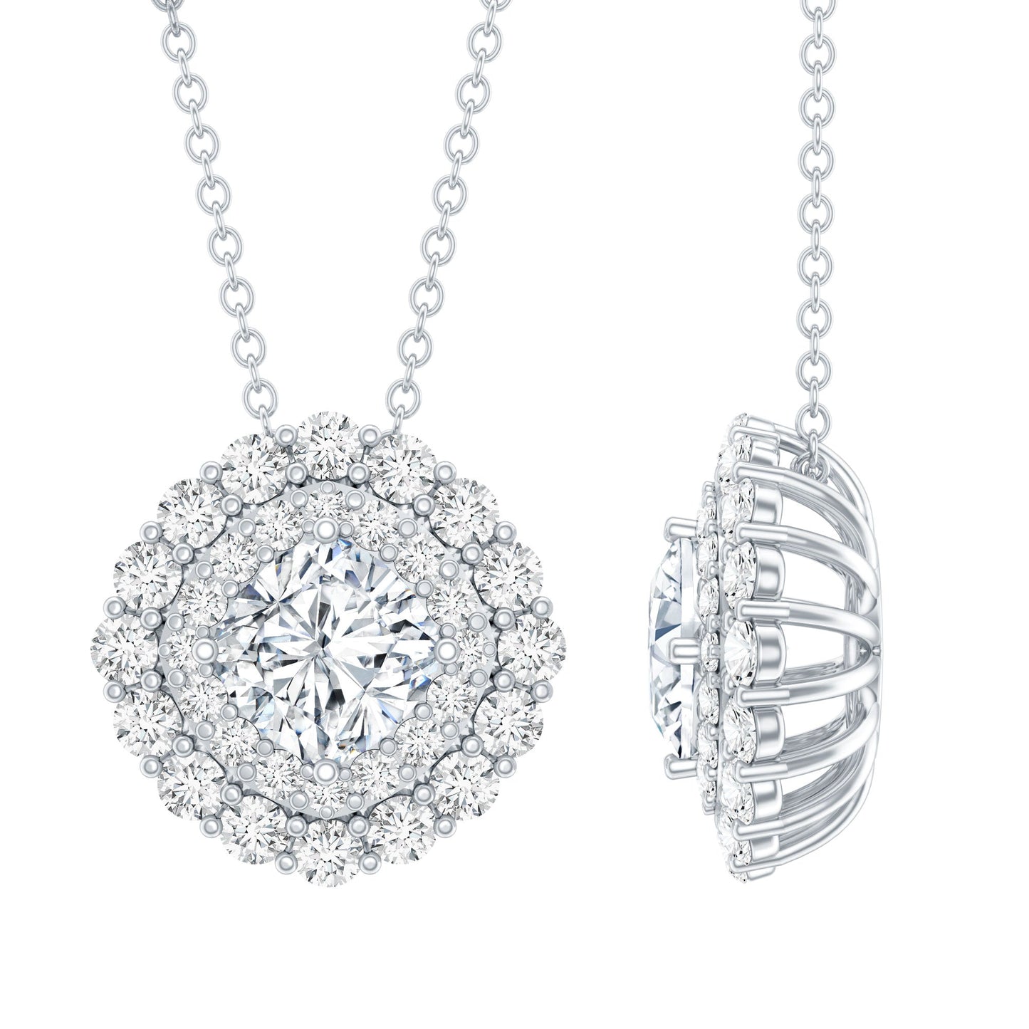 Certified Moissanite Double Halo Pendant Necklace with Silver Chain