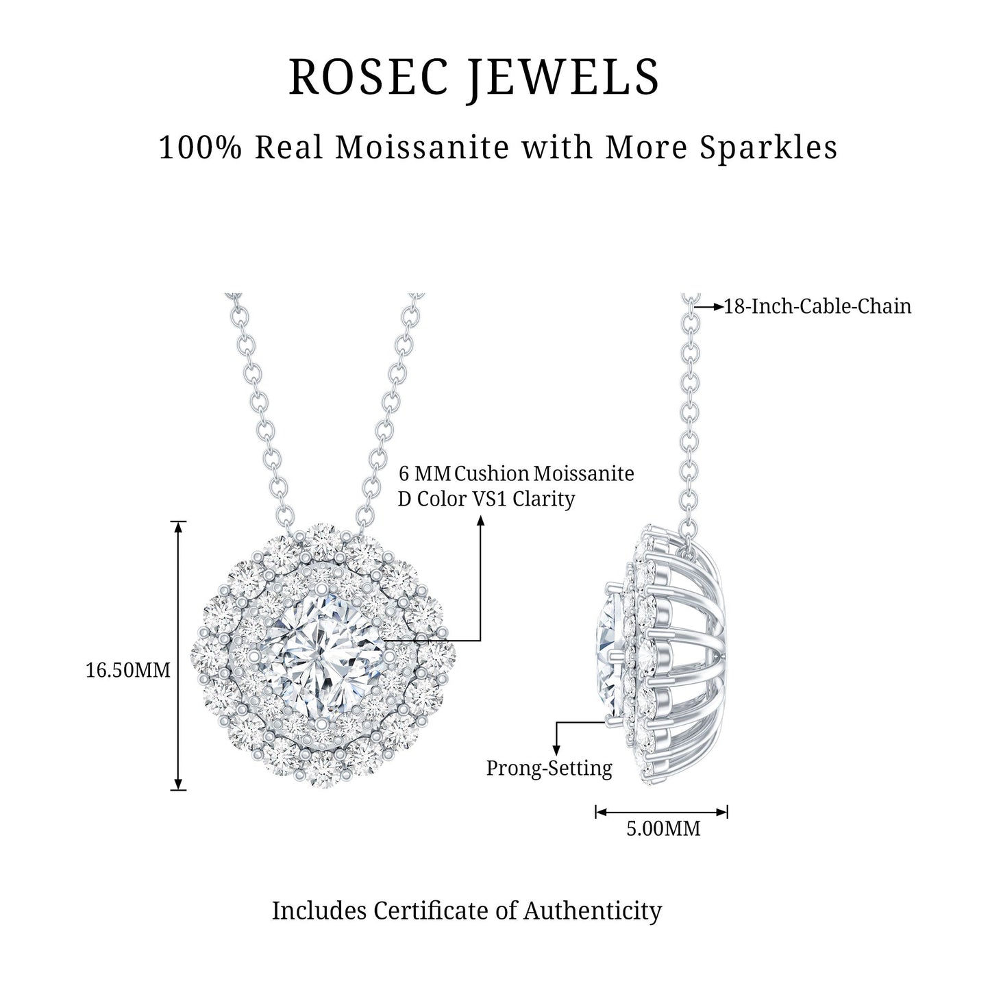 Certified Moissanite Double Halo Pendant Necklace with Silver Chain