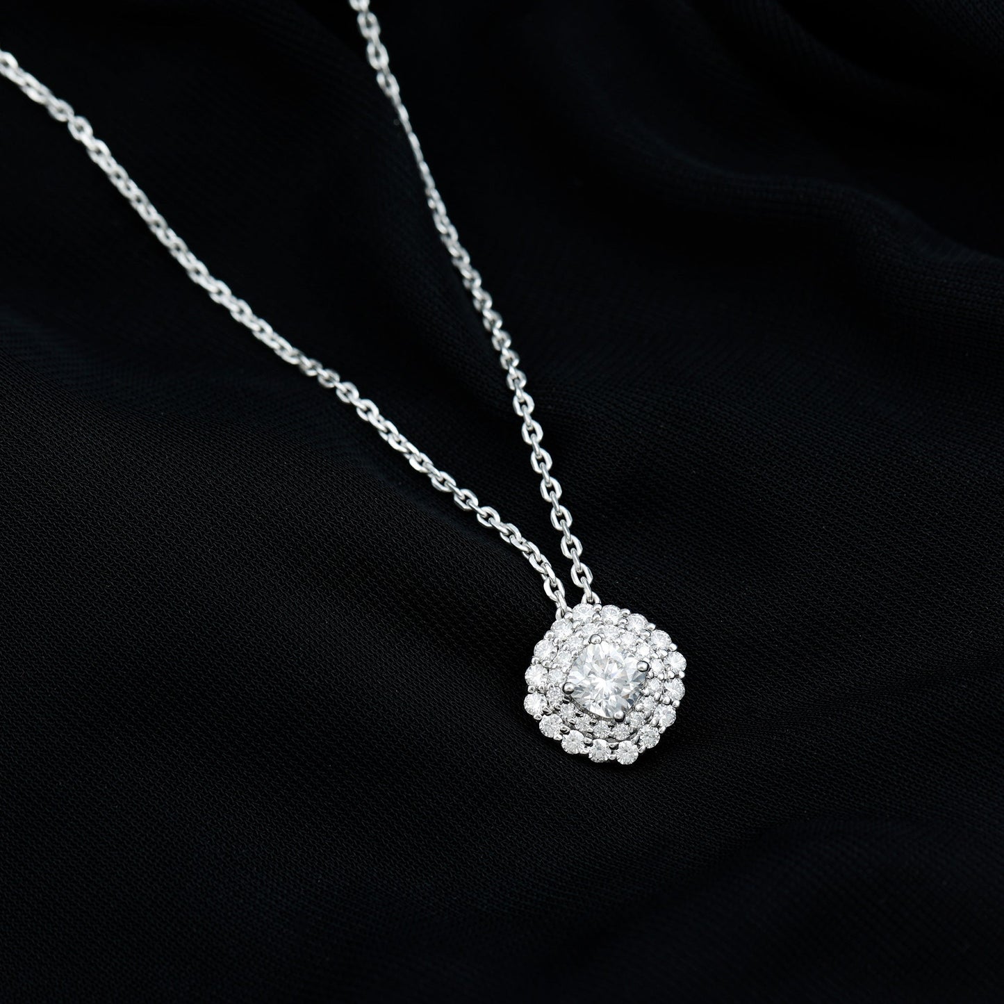 Certified Moissanite Double Halo Pendant Necklace with Silver Chain