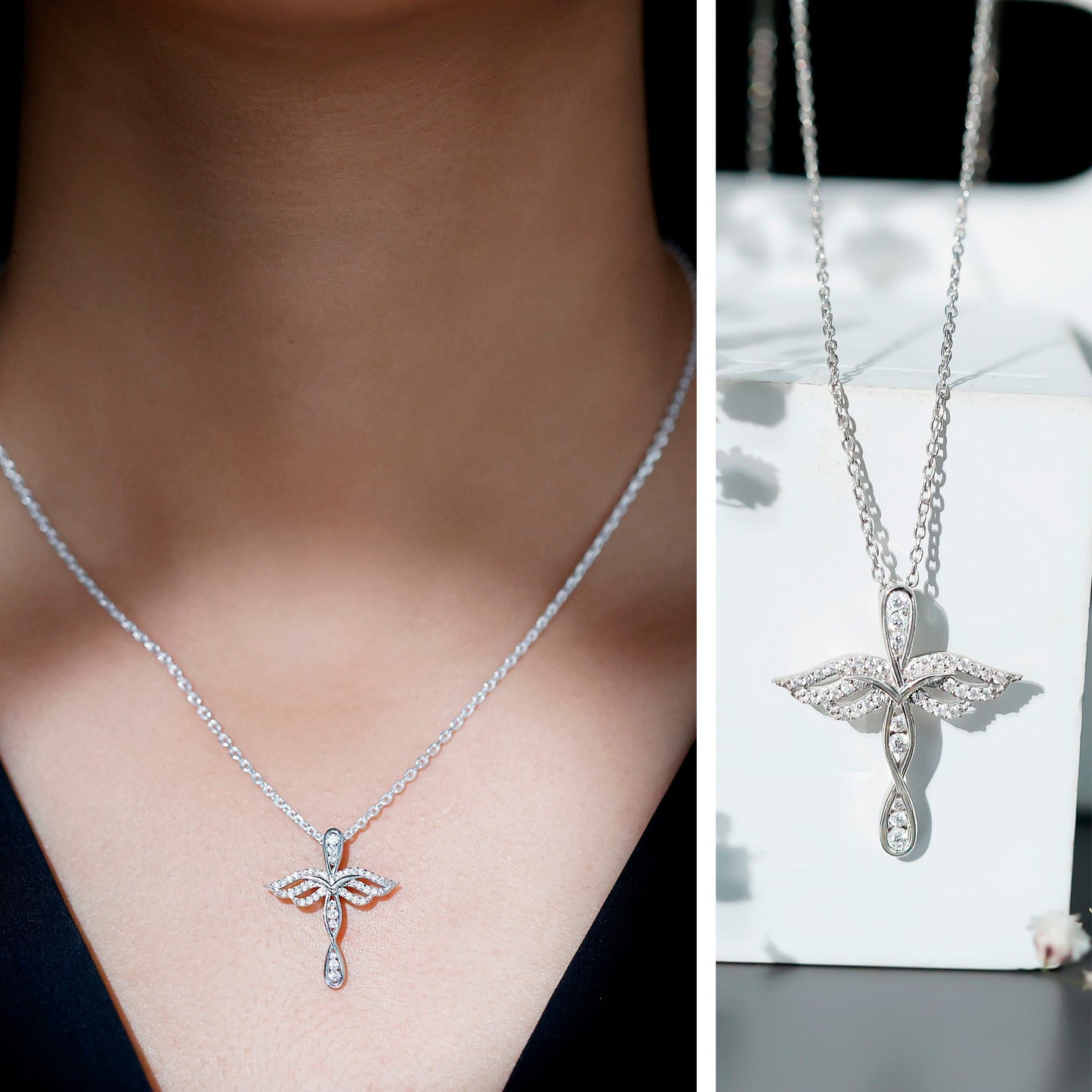 Certified Moissanite Angel Wings Cross Necklace with Silver Chain