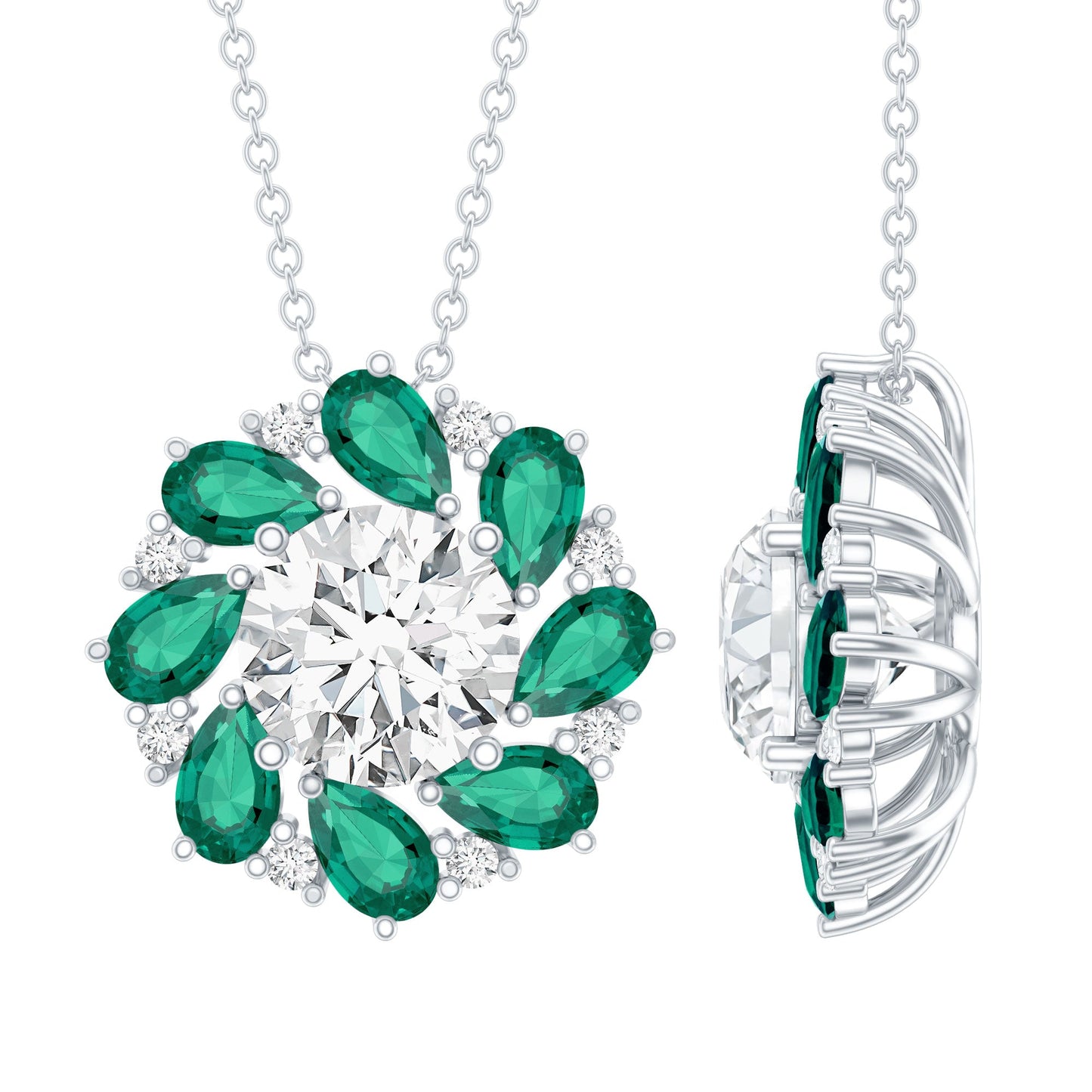Certified 2 Carat Moissanite and Lab Emerald Flower Necklace in Silver