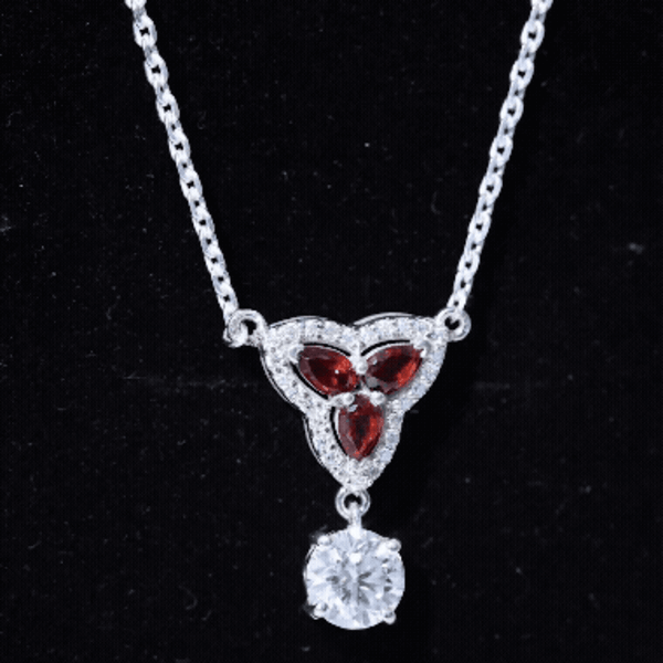 Certified Moissanite and Garnet Designer Bridal Necklace in Silver