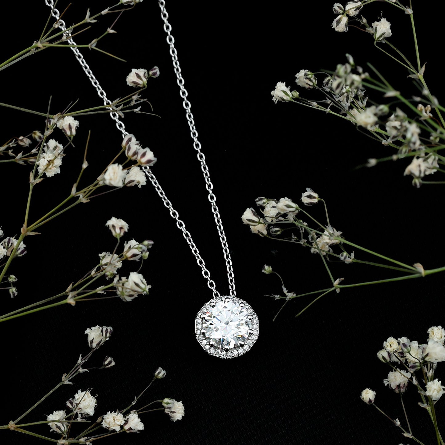 Certified 2 Carat Round Moissanite Designer Necklace with Silver Chain