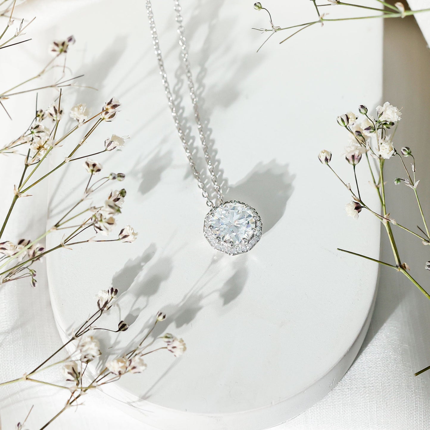Certified 2 Carat Round Moissanite Designer Necklace with Silver Chain