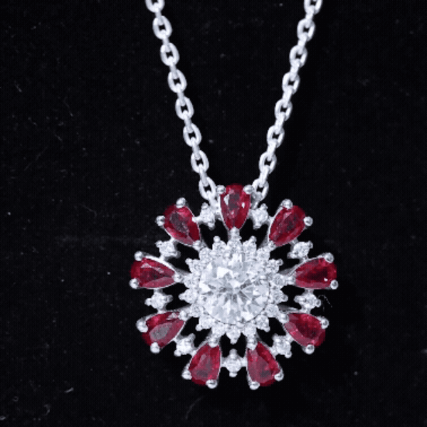 Certified 1.3 Carat Moissanite Statement Flower Necklace with Lab Grown Ruby