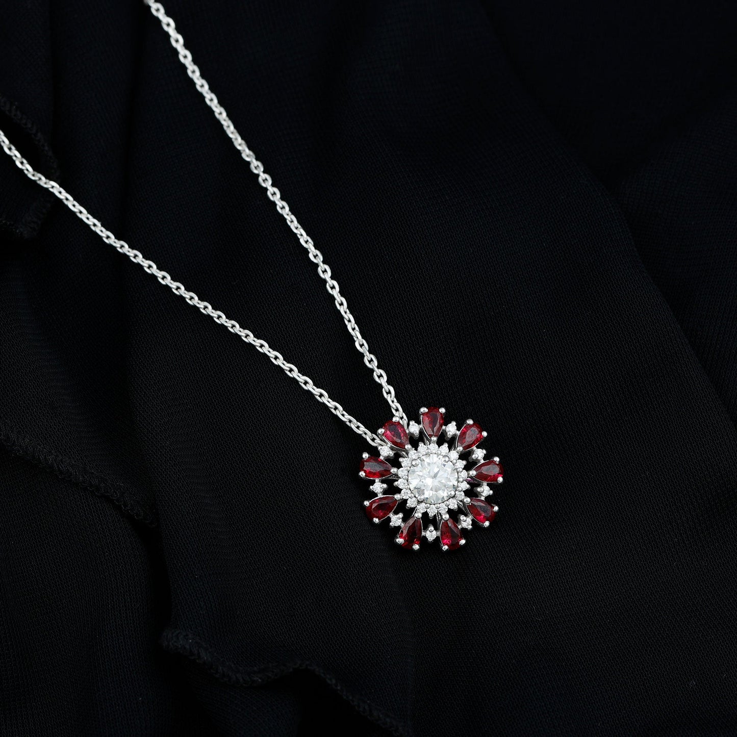 Certified 1.3 Carat Moissanite Statement Flower Necklace with Lab Grown Ruby