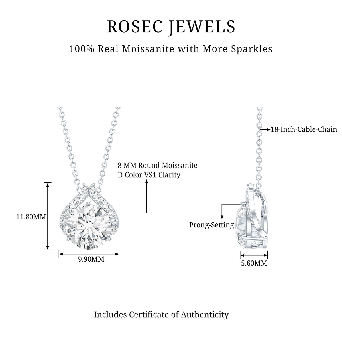 Certified 2 Carat Moissanite Pendant Necklace with Silver Chain