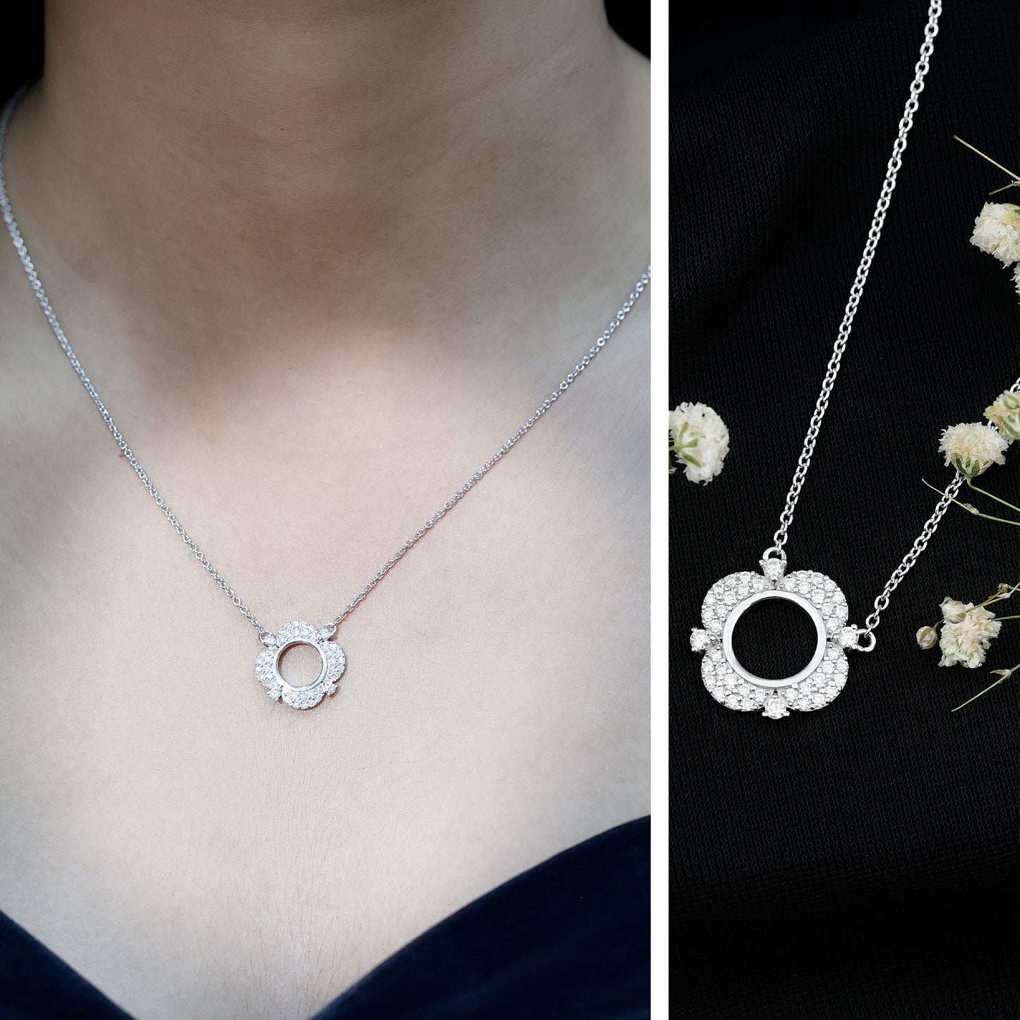 Moissanite Flower Pendant Necklace With Silver Chain