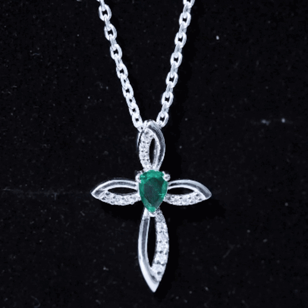 Pear Shape Lab Emerald Cross Locket with Silver Chain