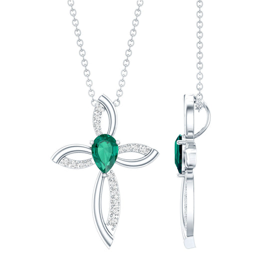 Pear Shape Lab Emerald Cross Locket with Silver Chain