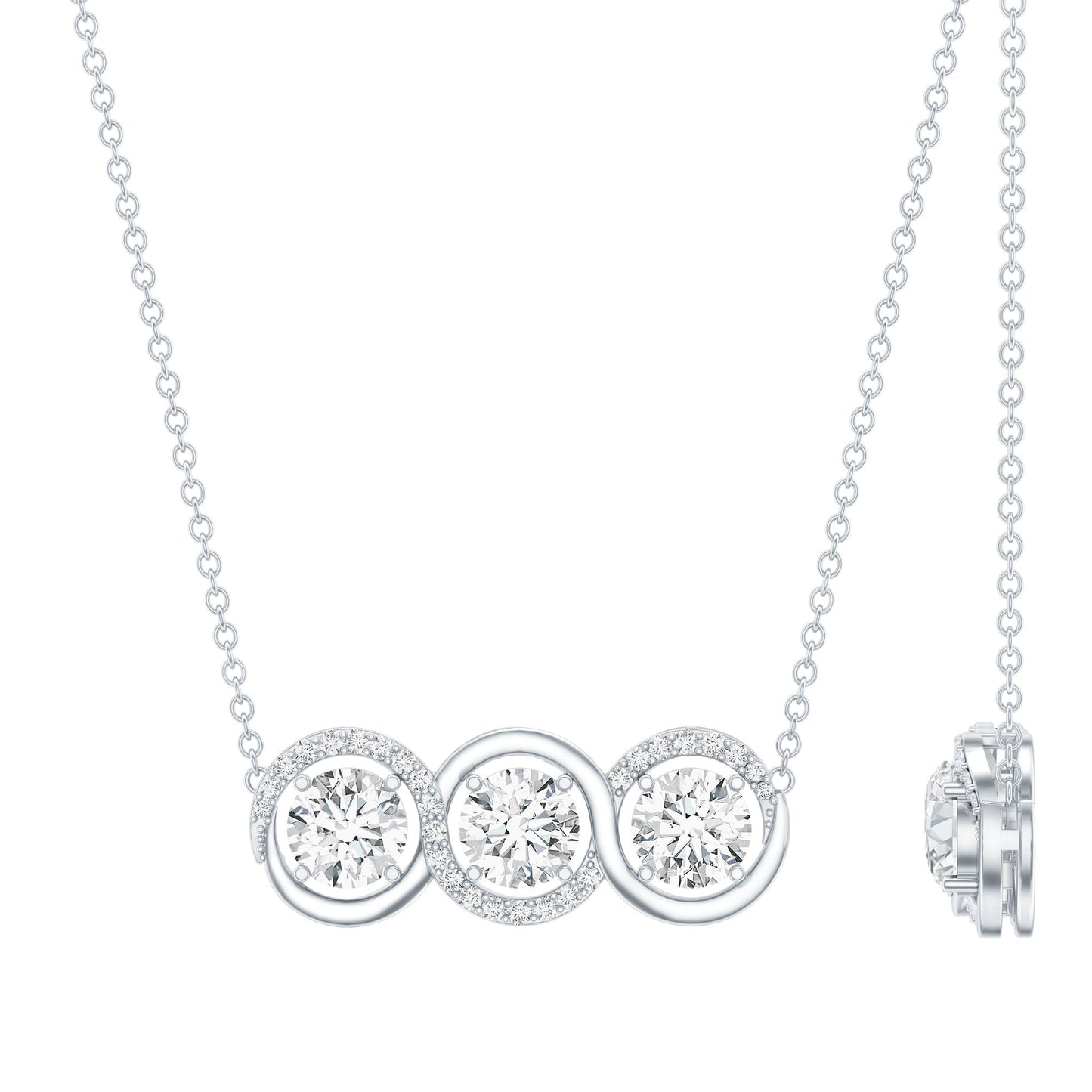 Certified Round Moissanite 3 Stone Bar Necklace with Silver Chain