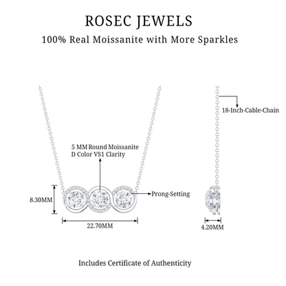 Certified Round Moissanite 3 Stone Bar Necklace with Silver Chain