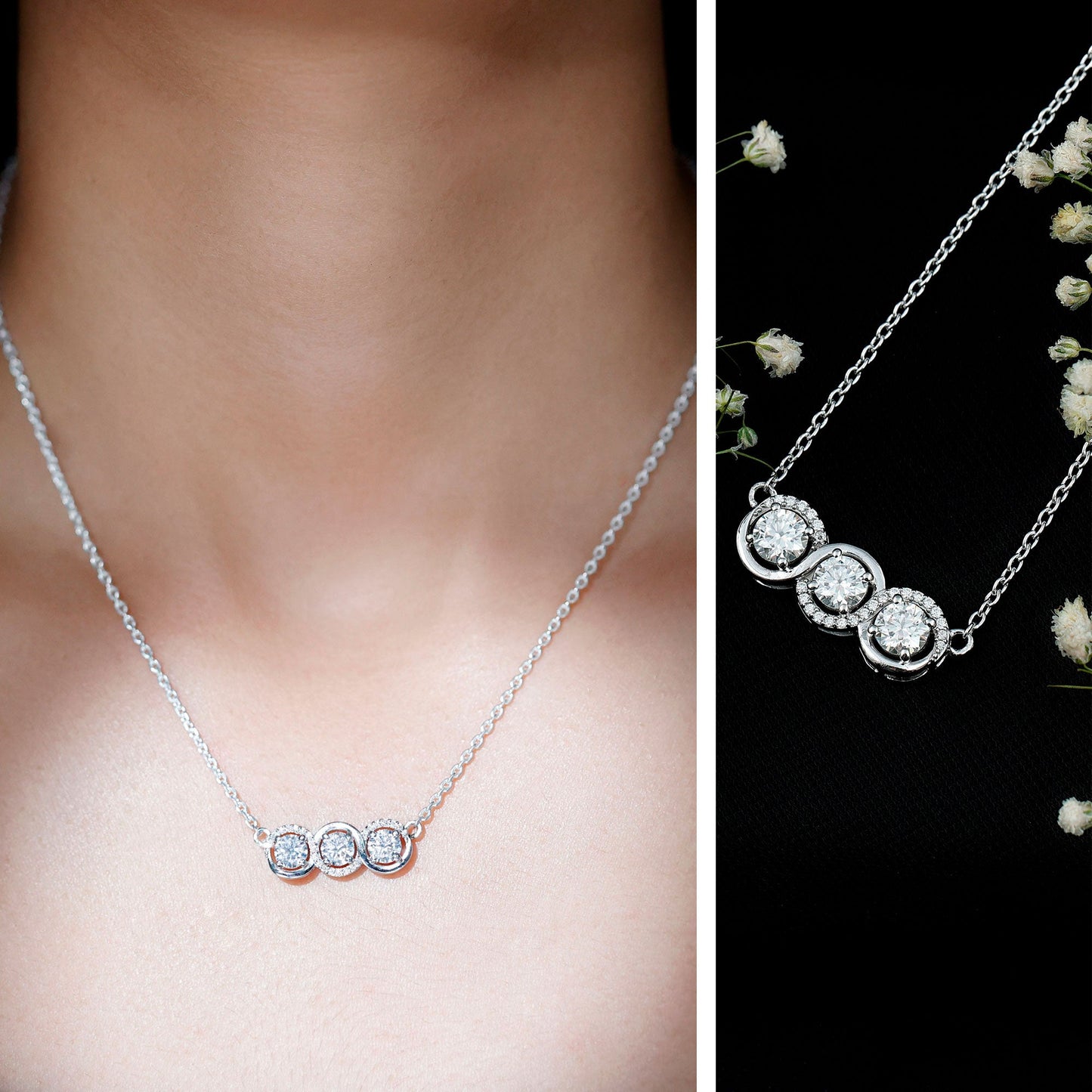 Certified Round Moissanite 3 Stone Bar Necklace with Silver Chain